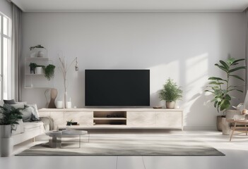Wall Mural - background living cabinet room white wall mock decor tv modern lamp frame home apartment light design lifestyle concrete concept plant architecture furniture space technology house interior floor