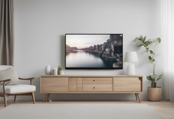 Wall Mural - wall mounted living mockup tv room decoration white indoor unit floor wooden cosy wood render space frame light lounge empty window wide modern interior cabinet elegant television design background