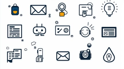 Poster - A set of detailed monochrome outline icons representing various communication and technology related elements such as email notifications ideas documents messaging mobile devices and more
