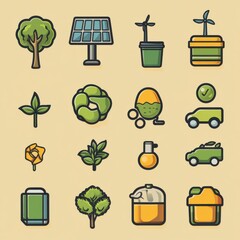 Poster - a collection of simplified outline icons representing various eco friendly and sustainable concepts 