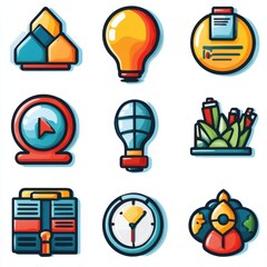 Poster - A collection of colorful stylized icons representing various tools resources and concepts associated with a business workshop or professional development setting