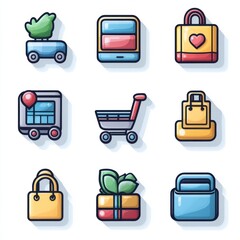 Poster - A collection of minimalist colorful icons representing various elements of online shopping and ecommerce including shopping carts laptops bags and other retail related symbols