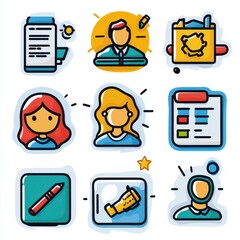 Poster - a collection of stylized icons depicting various business and technology elements such as documents 