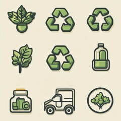 Poster - a set of stylized icons representing various concepts related to eco friendly practices recycling an