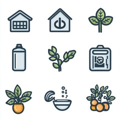 Poster - A set of minimalist icons representing various aspects of sustainable living including renewable energy eco friendly homes and nature inspired elements