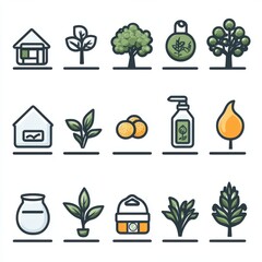 Poster - a collection of simple minimalist icons representing various elements of sustainable living environm