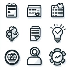 Poster - A set of clean and minimal icons representing various business and workshop related concepts including documents charts cloud computing ideas teamwork and productivity tools