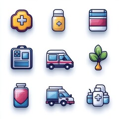 Poster - A collection of 15 simple geometric icons representing various medical and healthcare related elements including a hospital cross prescription bottle ambulance and more in a minimalist