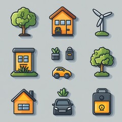 Poster - a collection of 15 simple modern icons representing various aspects of sustainable living and clean 