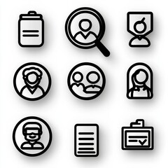 Poster - This image displays a set of 15 simple black and white outline icons symbolizing different digital technological and informational elements such as user profiles search functionality data management