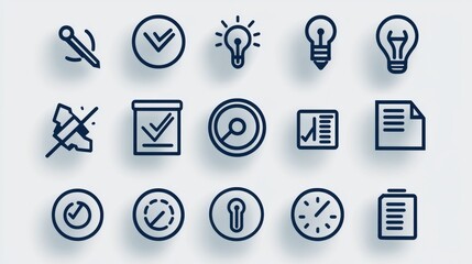 Poster - This image showcases a set of 15 minimalistic line icons that represent a variety of technology software and interface design concepts including navigation information analysis and productivity tools