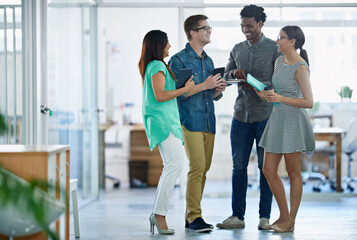 Fototapete - Employees, talking and people in office together, planning and report or company project or diversity team. Business meeting, conversation and brainstorming or standing, workplace and collaboration