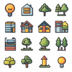 Poster - this image is a set of 15 thin stroke icons depicting various elements related to energy sustainable