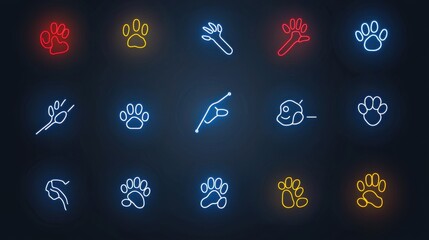 Poster - A collection of 15 stylized pet paw outline icons presented in a futuristic neon inspired visual style against a dark atmospheric background creating a bold and eye catching design
