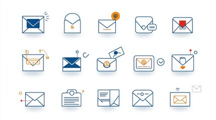 Poster - This image showcases a contemporary and minimalist collection of thin line icons representing various email and postal related functions and elements