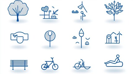 Poster - A stylized collection of minimalist outline icons representing various elements found in an urban park including trees plants signage benches and transportation options  category Graphic Resources