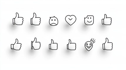 Poster - A collection of 15 minimalist outline icons representing different emotional expressions and user feedback such as like dislike and neutral reactions