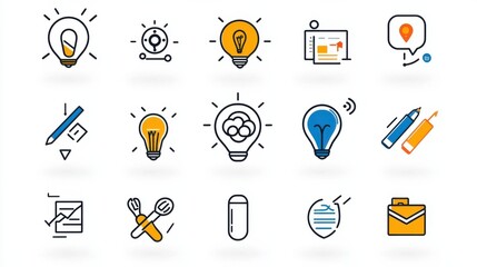Poster - a collection of 15 minimalist outline style icons symbolizing various aspects of innovation in a mod