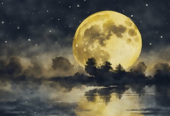 Poster - yellow watercolor moon full illustration night astronomy white background space round texture astrol