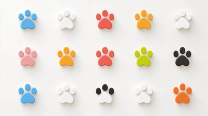 Poster - A professionally crafted set of 15 minimal and vibrant paw print icons in various colors arranged in a clean and organized layout