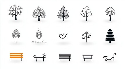 Poster - A collection of minimalist outline icons depicting various elements found in a tranquil city park including trees benches pathways and other natural and recreational features