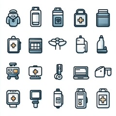 Poster - A collection of 15 minimalist and modern healthcare related icons featuring thin line designs covering various medical and wellness related elements