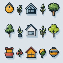 Poster - a collection of 15 stylized net zero icons with thin clean lines that represent various eco friendly