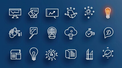 Poster - This image presents a collection of 15 minimalist thin outline icons that represent various aspects of technology digital interfaces and communication  The icons convey concepts such as research