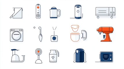 Poster - This image depicts a visually refined set of 15 thin line icons representing various home related appliances tools and technologies including kitchen and laundry equipment