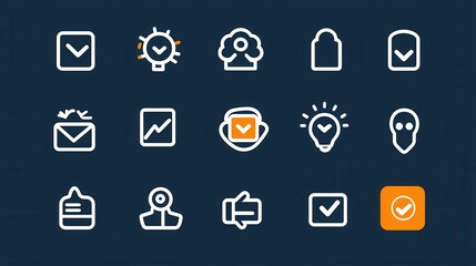 Poster - A neatly designed set of 15 outline icons representing different web and app interface elements including navigation communication analytics and user interaction symbols