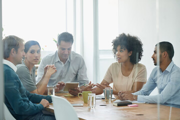 Poster - Team, business people and discussion in office meeting for planning or editor brainstorming ideas in startup. Collaboration, creative group and diverse staff in conversation for project strategy