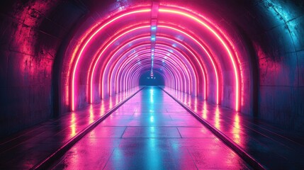 Poster - Futuristic tunnel illuminated by vibrant neon like beams of light that converge and radiate upward creating a mesmerizing surreal and technologically advanced atmosphere