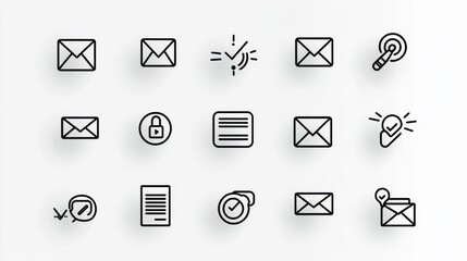 Poster - A collection of simple minimalist black and white outline icons representing various elements of mail email and digital communication including envelopes messages documents and notification symbols