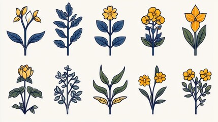 Poster - This image is a collection of 15 minimalist botanical line icons featuring various stylized plant elements like flowers leaves and stems in a clean contemporary design