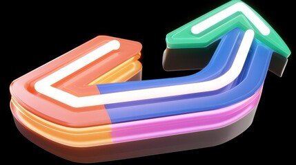 Poster - A dynamic abstract composition of illuminated multicolored beams forming a striking curved arrow shape against a dark background