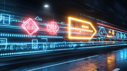 Poster - A dynamic high tech image depicting a brightly illuminated neon arrow shaped formation of colorful beams moving rapidly through a futuristic industrial style digital tunnel or passageway