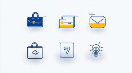 Poster - A set of clean and minimalist digital icons representing different aspects of business communication organization and technology such as briefcases envelopes calendars and light bulbs