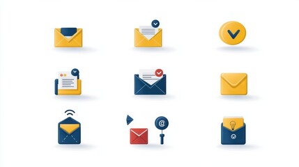 Poster - A set of minimalist vector style icons depicting different aspects of email messaging and digital communication such as envelopes notifications attachments and more