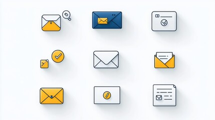 Poster - A set of minimalist vector style icons depicting various mail email and communication elements such as envelopes messages attachments and more  These icons have a clean modern