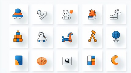 Poster - A collection of 15 colorful and playful baby toy icons designed with a minimalist thin outline style