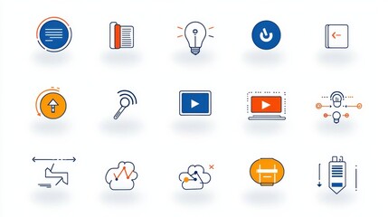 Poster - A set of 15 minimalist and clean icons representing various data transfer and communication elements including arrows signals clouds and more suitable for digital interfaces and applications