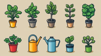 Poster - A collection of 15 minimalist thin line icons representing various botanical elements including potted plants watering cans and other gardening related objects