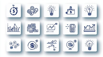 Poster - a diverse set of monochrome icons representing various aspects of finance investment and business in