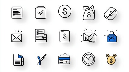 Poster - A set of black and white icons representing various financial and investment related concepts including analysis