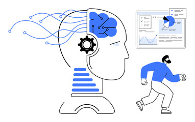 Poster - profile of ai brain with digital connections, analytics dashboard, and a running figure. ideal for t