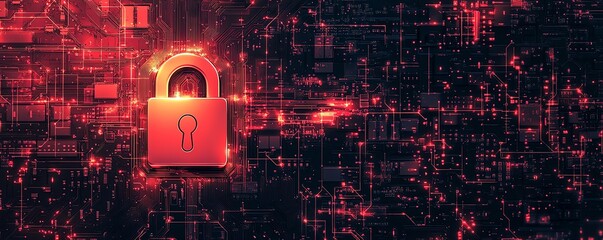 Poster - A padlock on a computer mainboard, symbolizing data protection, internet privacy, and secure network systems, with intricate digital circuitry