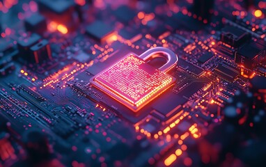 Leinwandbilder - A padlock on a digital mainboard, symbolizing secure network systems, data encryption, and the protection of internet privacy in a techheavy world