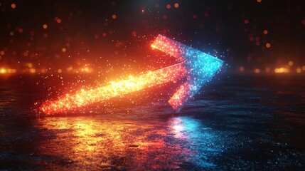Poster - Vibrant dynamic image of a glowing multi colored arrow like shape formed by radiant beams of light moving and reflecting on a dark liquid surface