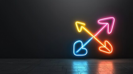 Poster - abstract neon arrow composition with vibrant glowing beams of light against a dark background creati