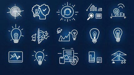 Poster - a set of editable stroke outline icons representing various aspects of corporate planning strategy a